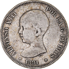 Moneta, Spagna, Alfonso XIII, 5 Pesetas, 1891, Madrid, MB+, Argento, KM:689