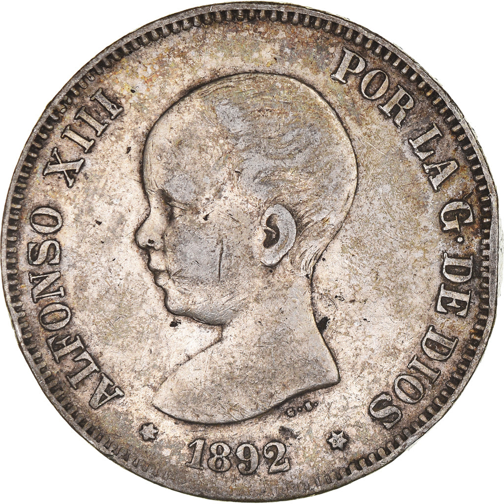 Moneta, Spagna, Alfonso XIII, 5 Pesetas, 1892, Madrid, BB, Argento, KM:689