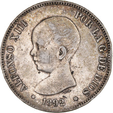 Moneta, Spagna, Alfonso XIII, 5 Pesetas, 1892, Madrid, BB, Argento, KM:689