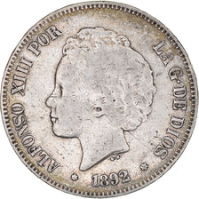 Moeda, Espanha, Alfonso XIII, 5 Pesetas, 1892, Madrid, VF(30-35), Prata, KM:700