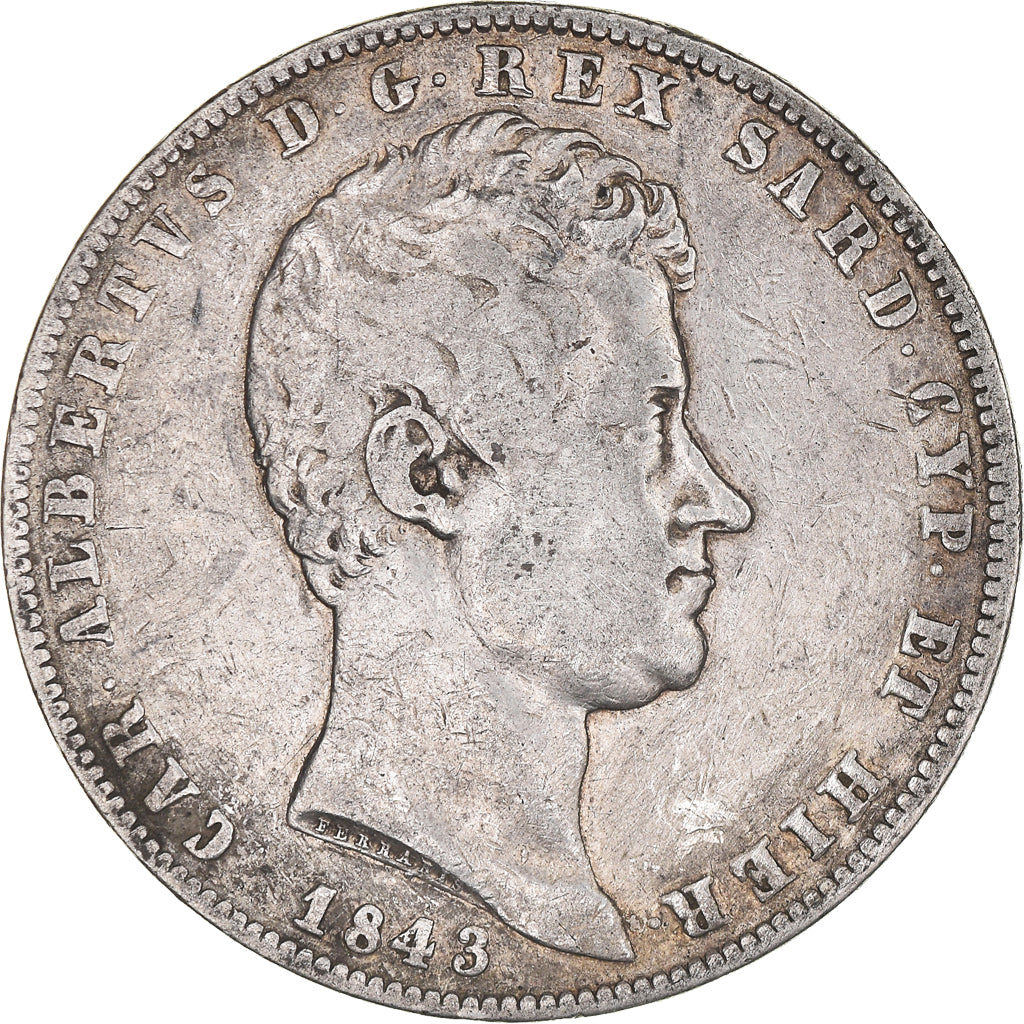 Munten, Italiaanse staten, SARDINIA, Carlo Alberto, 5 Lire, 1843, Genoa, FR