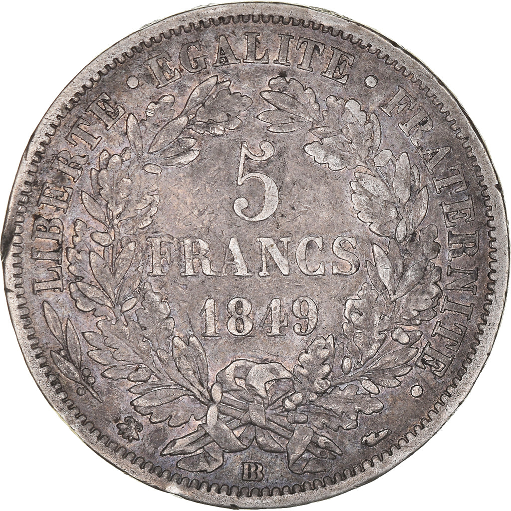 Moneta, Francia, Cérès, 5 Francs, 1849, Strasbourg, MB+, Argento, KM:761.2