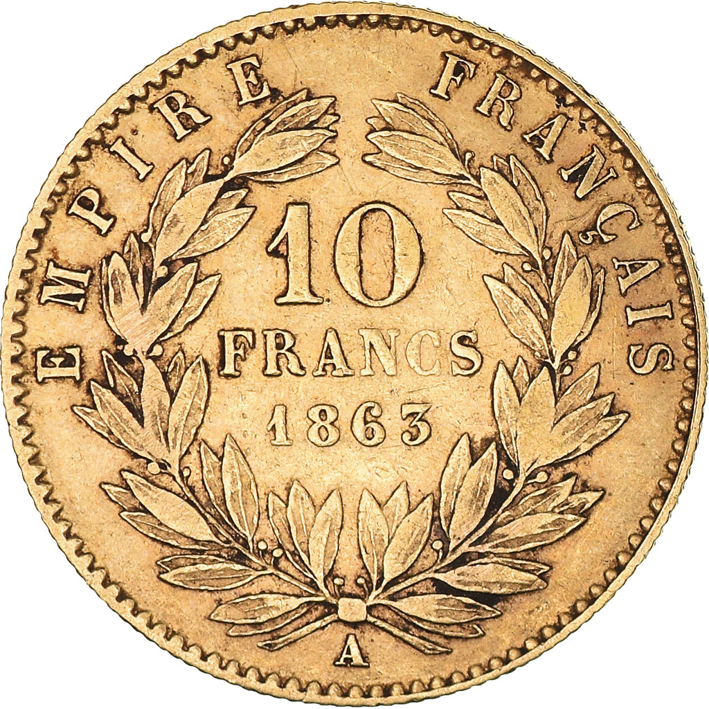 Moneta, Francia, Napoleon III, 10 Francs, 1863, Paris, MB+, Oro, KM:800.1