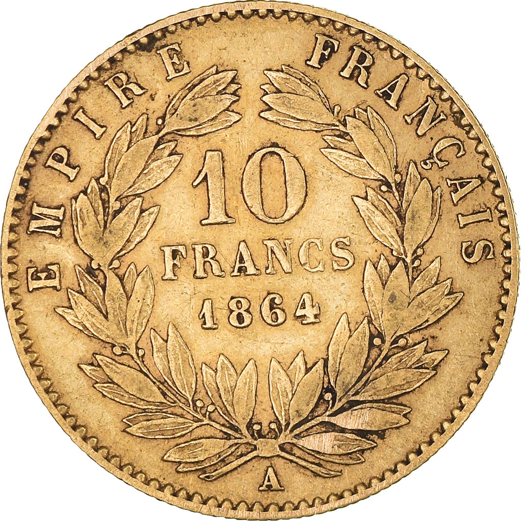 Moneta, Francja, Napoleon III, 10 Francs, 1864, Paris, VF(30-35), Złoto