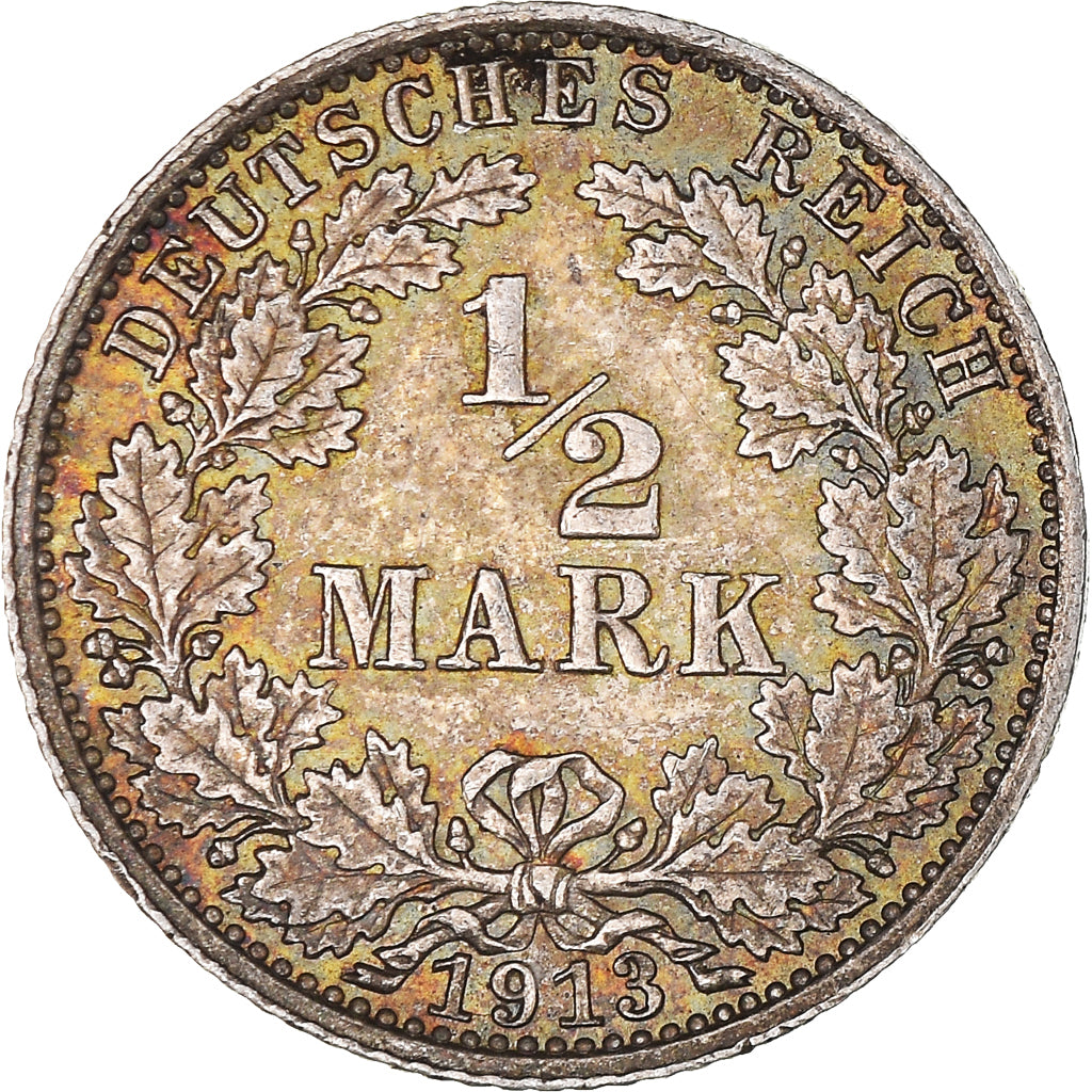 Moeda, ALEMANHA - IMPÉRIO, 1/2 Mark, 1913, Berlin, MS(60-62), Prata, KM:17