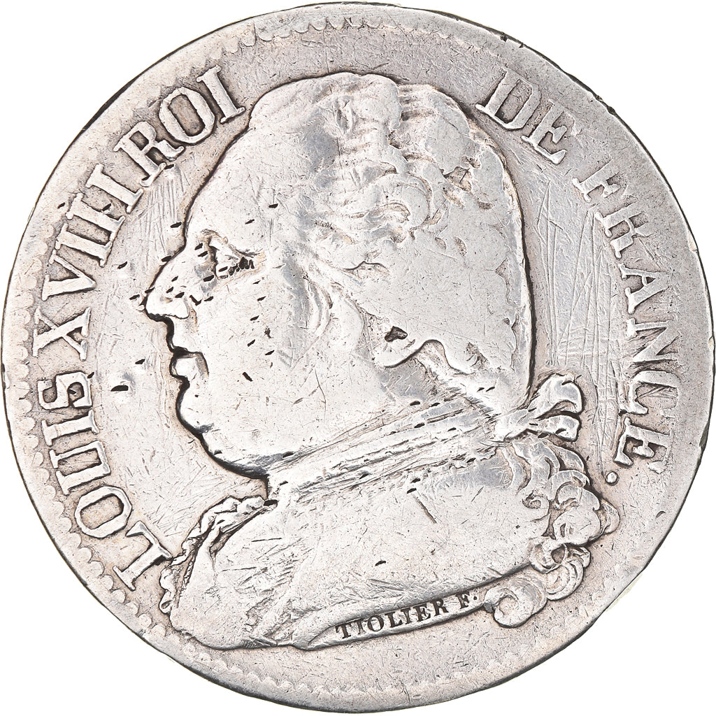 Moeda, França, Louis XVIII, 5 Francs, 1814, Paris, VF(20-25), Prata, KM:702.1