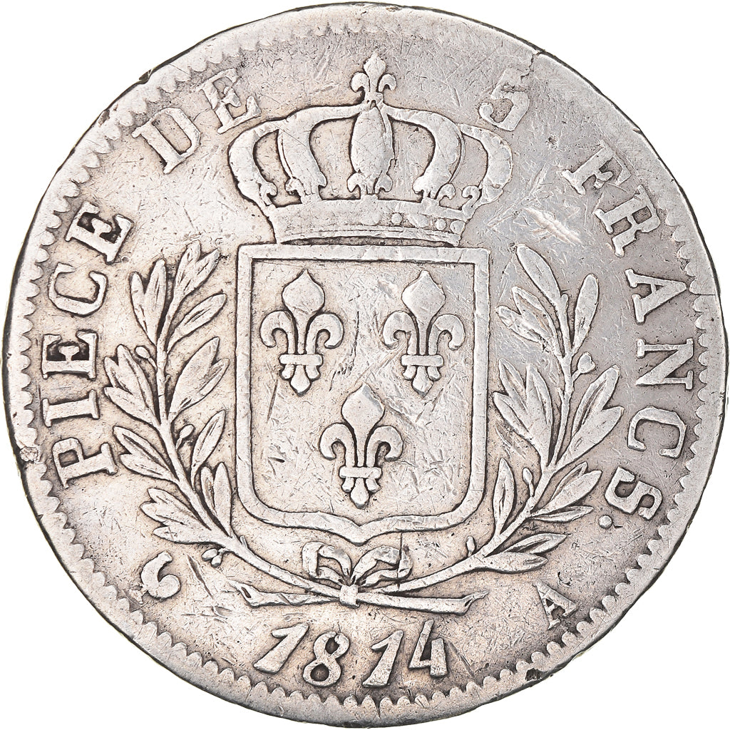 Moeda, França, Louis XVIII, 5 Francs, 1814, Paris, VF(20-25), Prata, KM:702.1