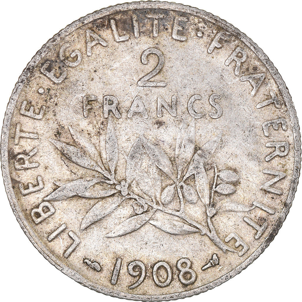 Coin, France, Semeuse, 2 Francs, 1908, Paris, VF(30-35), Silver, KM:845.1