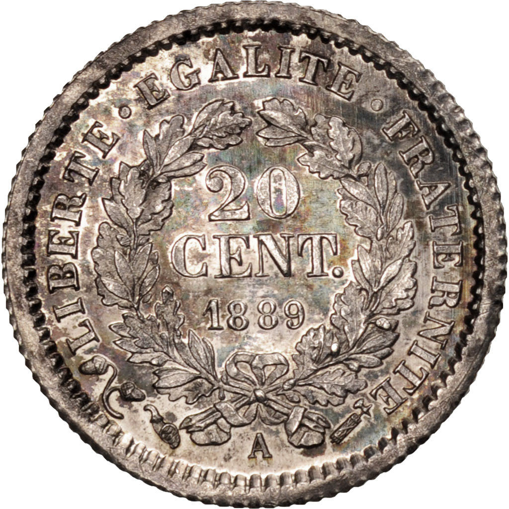 Coin, France, Cérès, 20 Centimes, 1889, Paris, PCGS, PR63CAM, MS(63), Silver