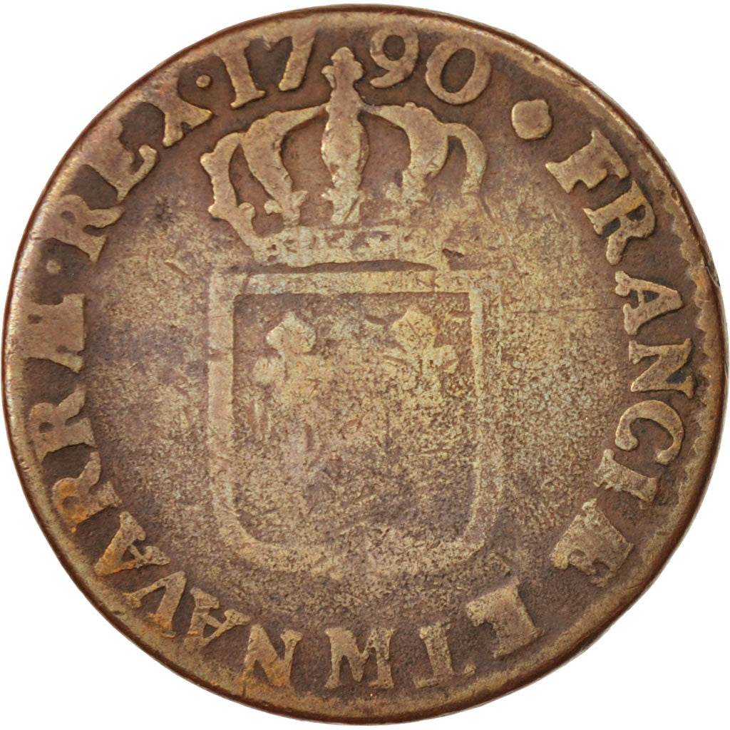 France, Louis XVI, Sol ou sou, 1790, Toulouse, F(12-15), Copper, KM:578.10