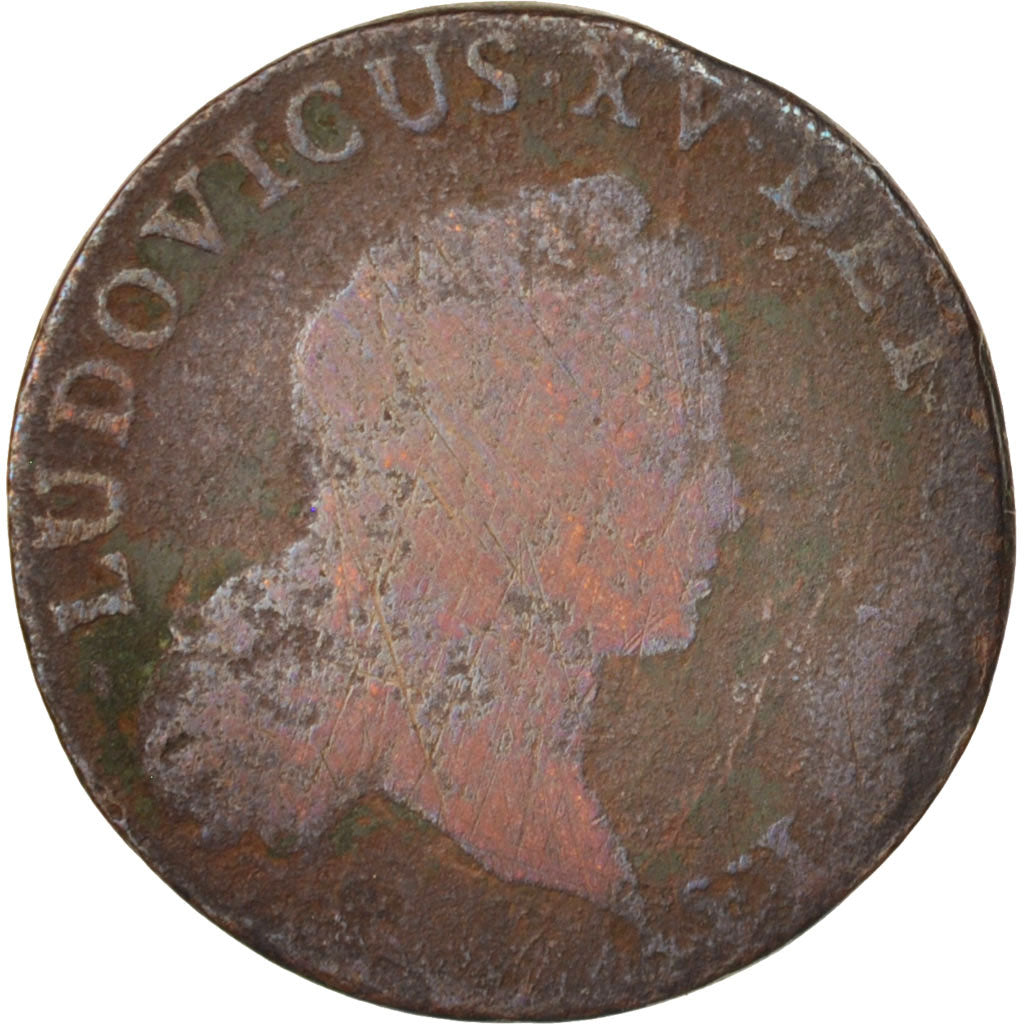 Louis XV, 1/2 Sol, 1723, Rouen, VG(8-10), Copper, Gadoury:273