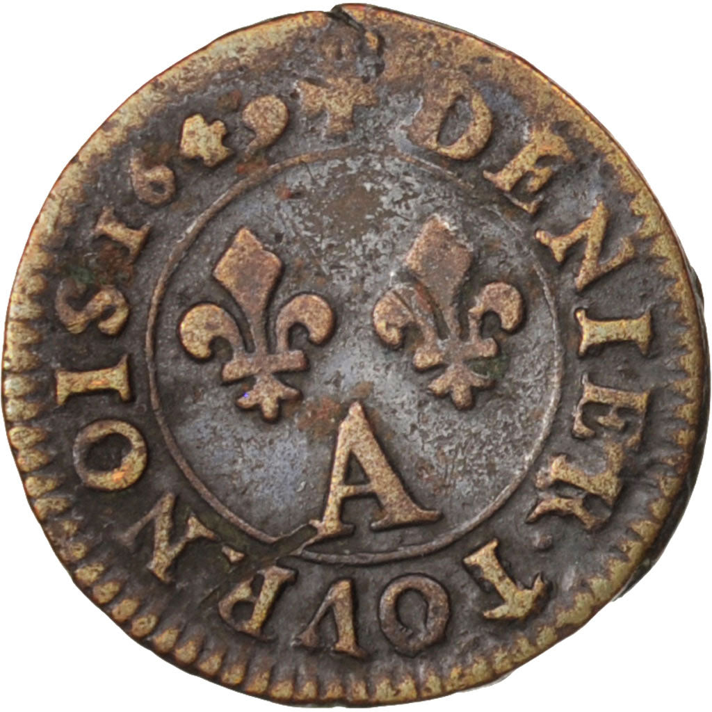 France, Louis XIV, Denier Tournois, 1649, Paris, KM 167, Gadoury 70