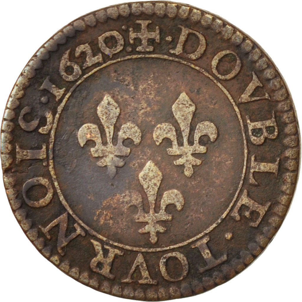 France, Louis XIII, Double tournois, buste juvénile, 1620,Paris,KM 61.1,Gadoury8
