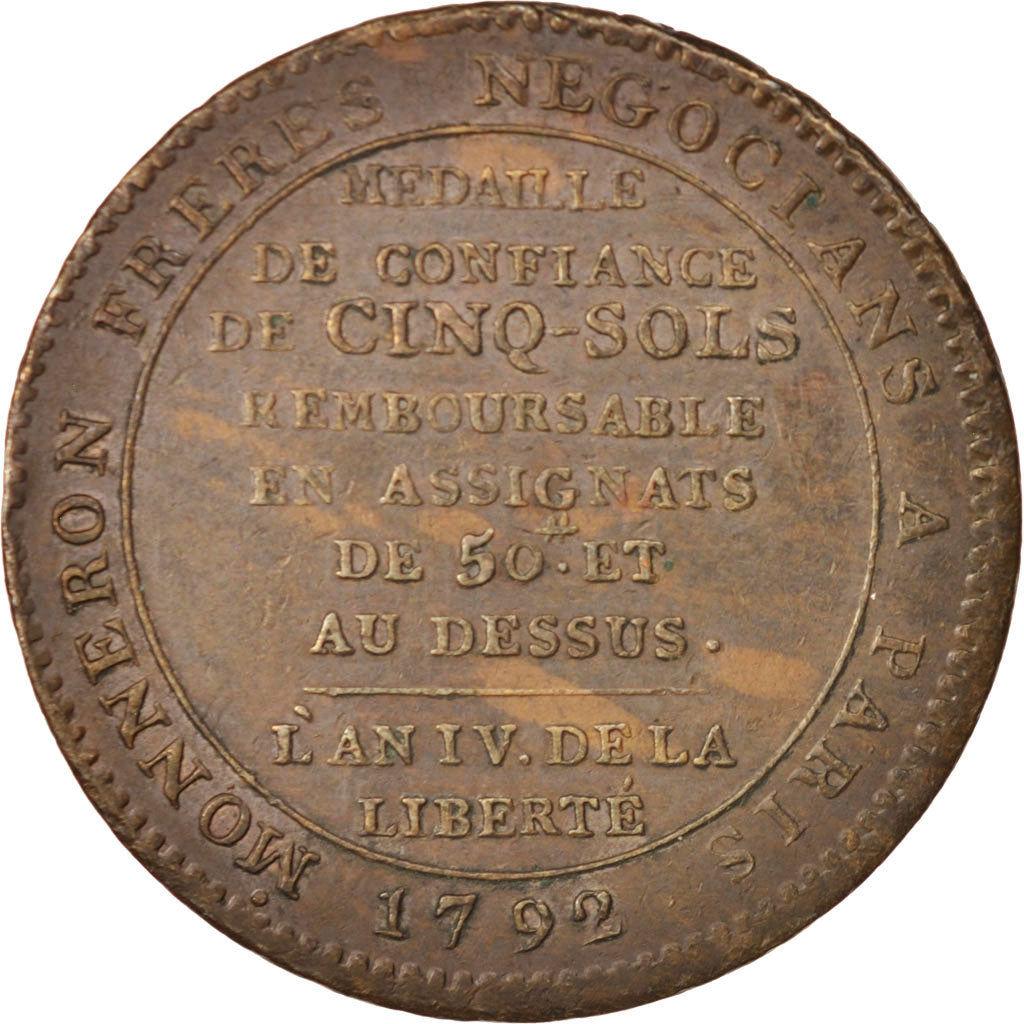 Moneta, Francia, Monneron, 5 Sols, 1792, Birmingham, BB+, Bronzo, KM:Tn31
