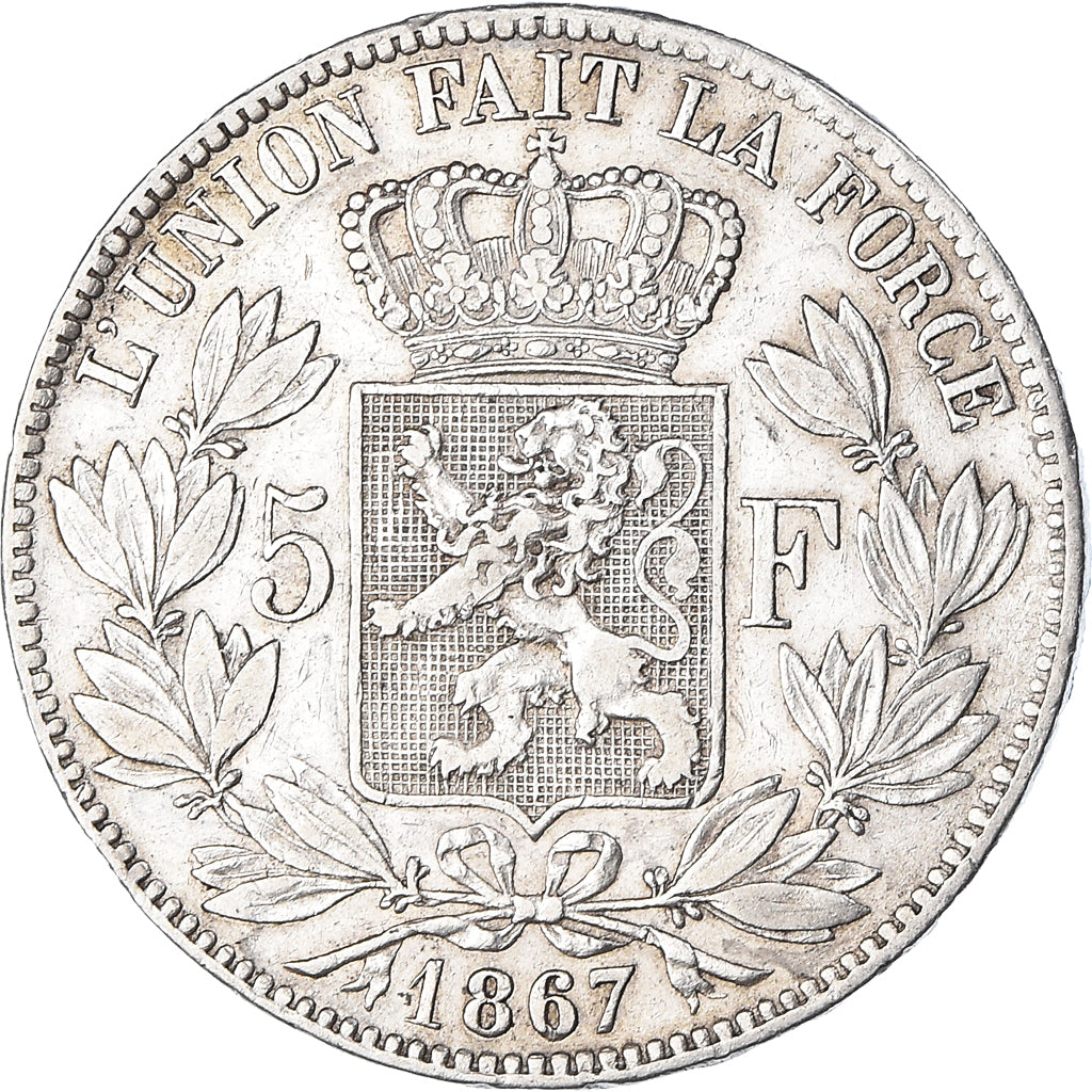 Moneta, Belgia, Leopold II, 5 Francs, 5 Frank, 1867, EF(40-45), Srebro, KM:24