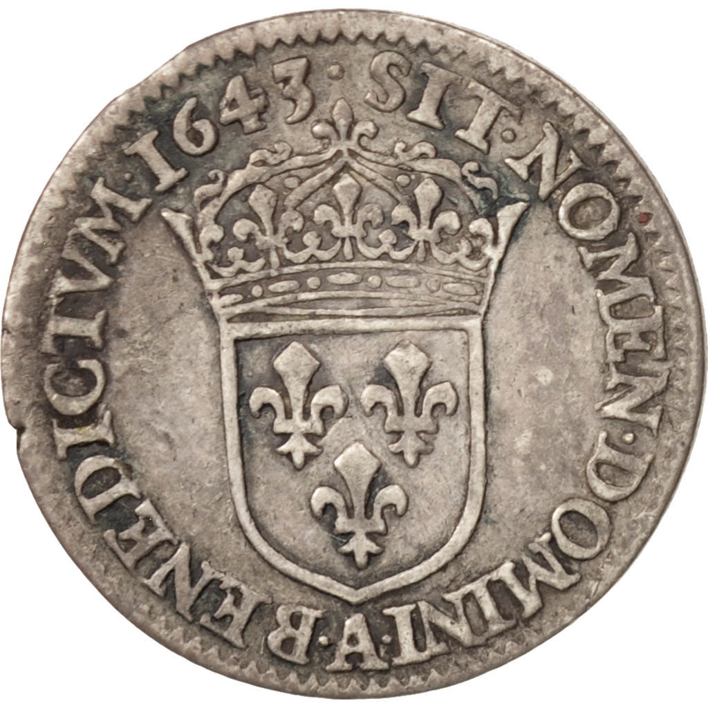 France, Louis XIII, 1/12 Ecu, 1643, Paris, VF(20-25), Silver, Gadoury:46