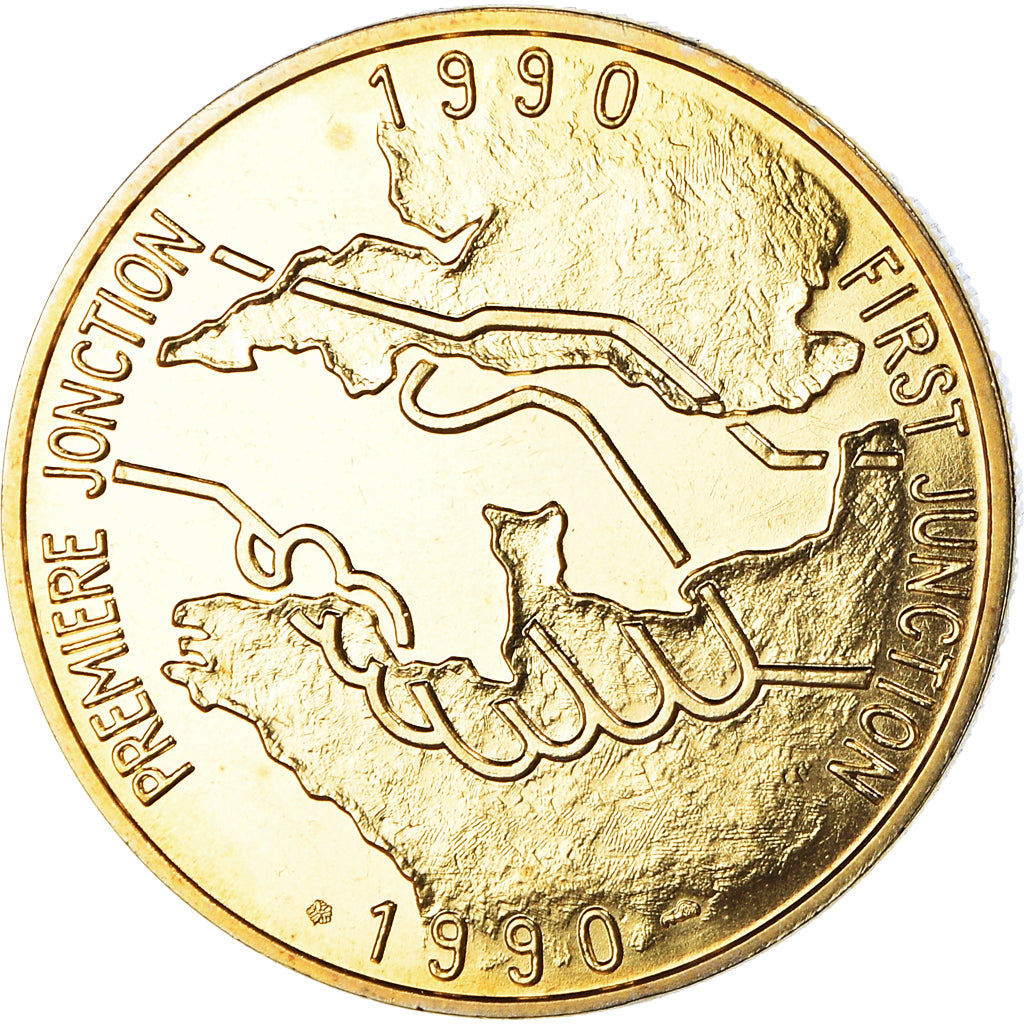 Francia, medaglia, Eurotunnel, Première Jonction, 1990, FDC, Doratura in