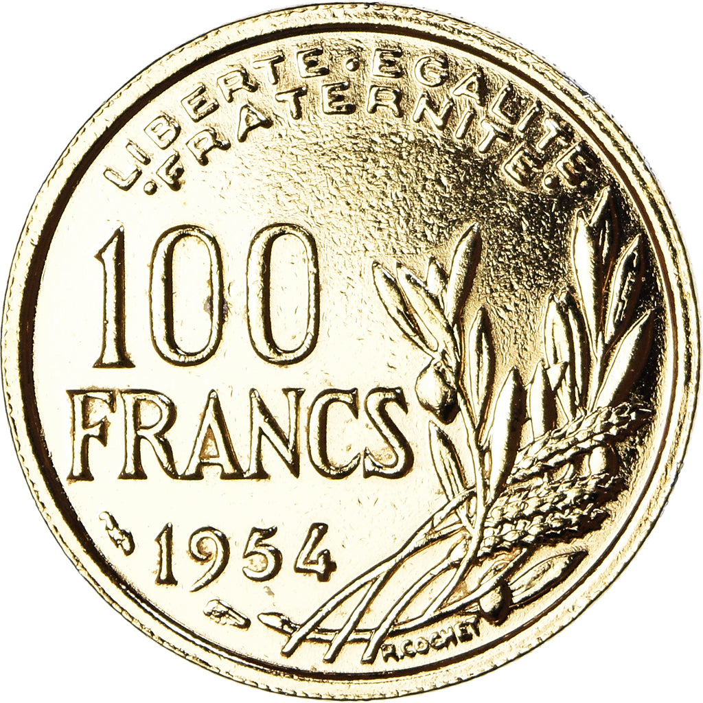 Coin, France, Cochet, 100 Francs, 1954, MS(60-62), Gold plated, KM:919.1