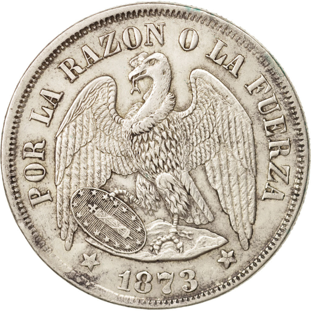 Chile, Peso, 1873, Santiago, AU(55-58), Silver, KM:142.1