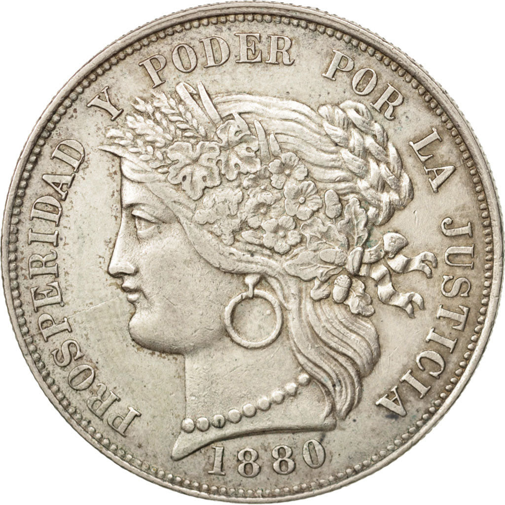 Peru, 5 Pesetas, 1880, Lima, AU(50-53), Silver, KM:201.1