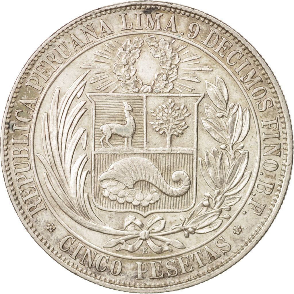 Peru, 5 Pesetas, 1880, Lima, AU(50-53), Silver, KM:201.1