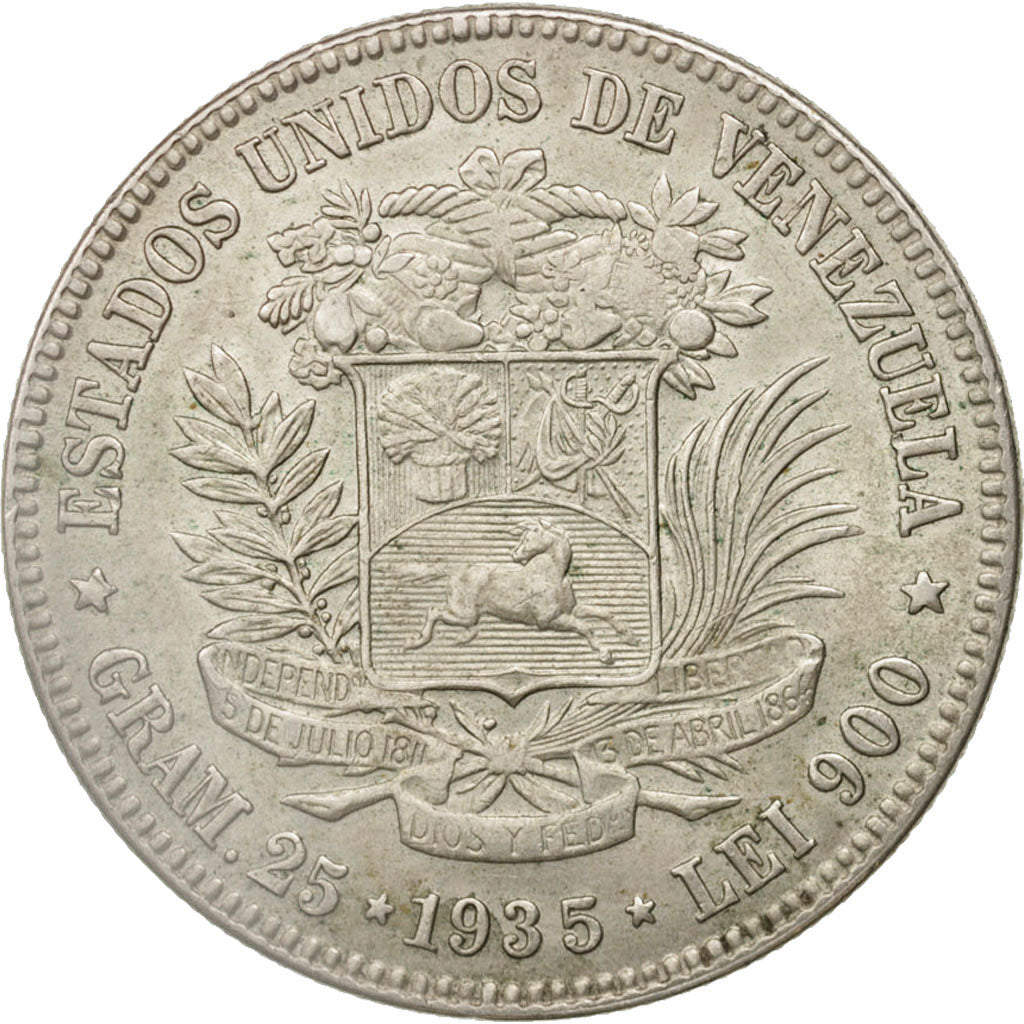 Venezuela, Gram 25, 5 Bolivares, 1935, EF(40-45), Silver, KM:24.2