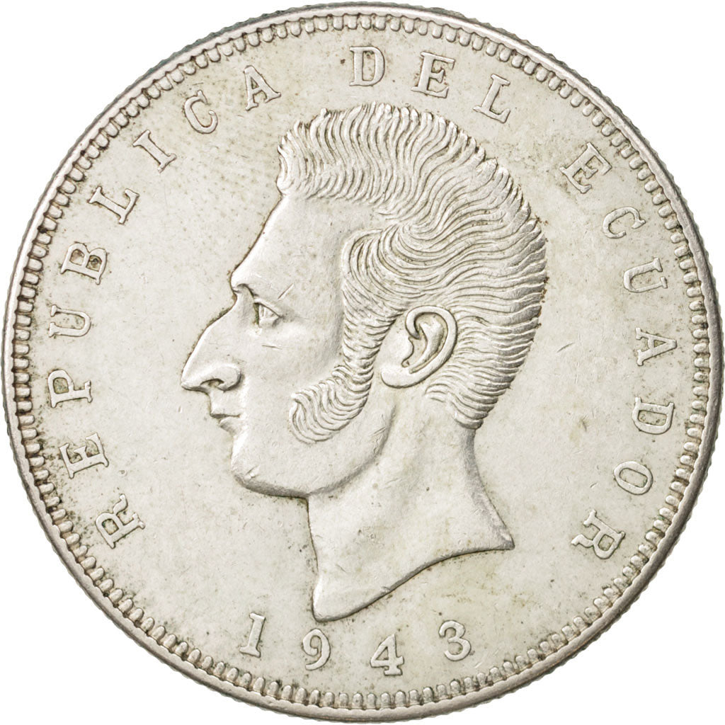 Ecuador, 5 Sucres, Cinco, 1943, Mexico City, Mexico, AU(50-53), Silver, KM:79