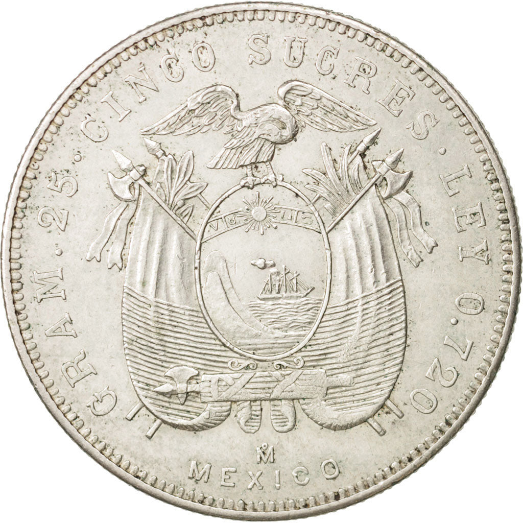 Ecuador, 5 Sucres, Cinco, 1943, Mexico City, Mexico, AU(50-53), Silver, KM:79