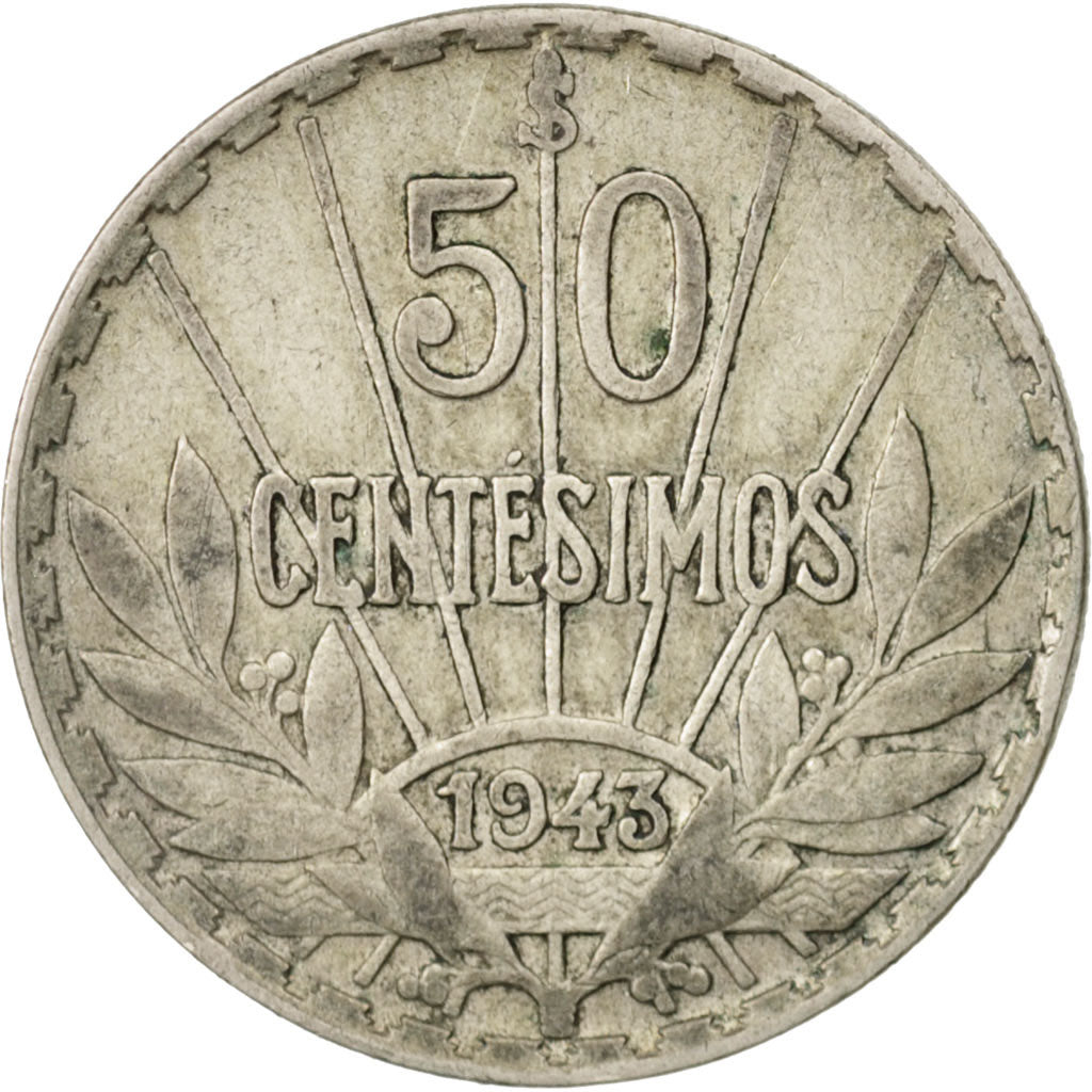 Uruguay, 50 Centesimos, 1943, Santiago, VF(30-35), Silver, KM:31