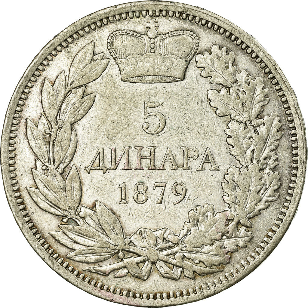 Coin, Serbia, Milan I, 5 Dinara, 1879, EF(40-45), Silver, KM:12