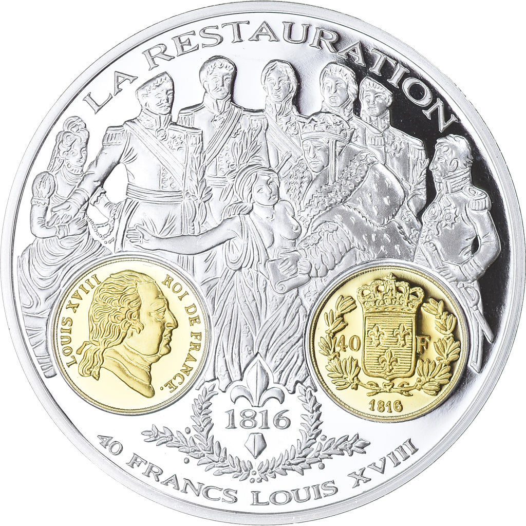 France, Medal, Histoire Monétaire, 40 Francs Louis XVIII, MS(65-70), Silver