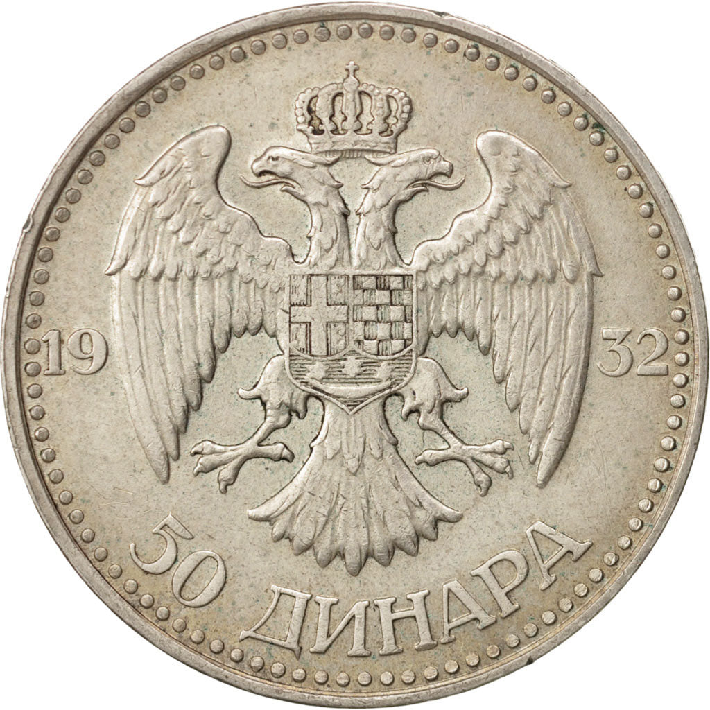 Yugoslavia, Alexander I, 50 Dinara, 1932, London, AU(50-53), Silver, KM:16