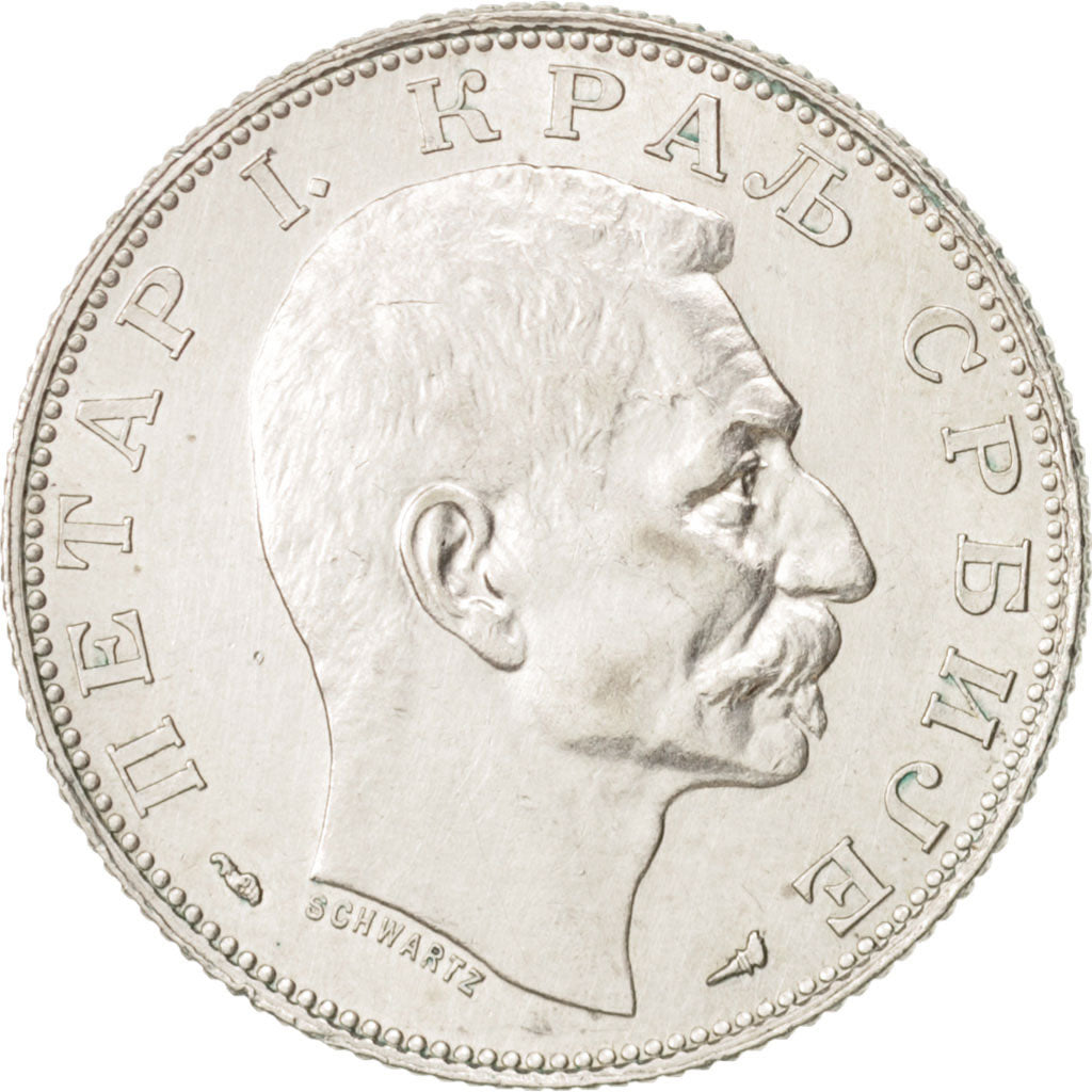 Serbia, Peter I, 2 Dinara, 1915, Paris, AU(55-58), Silver, KM:26.3
