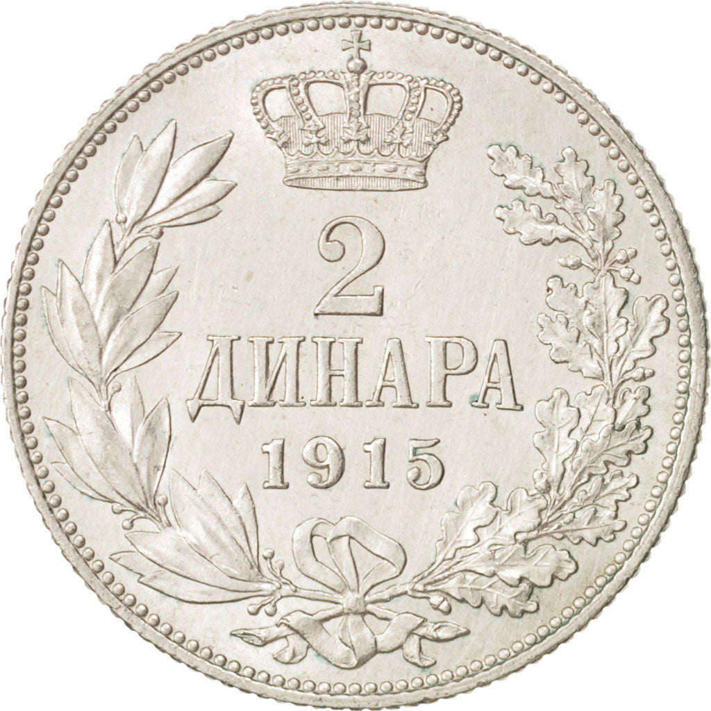Serbia, Peter I, 2 Dinara, 1915, Paris, AU(55-58), Silver, KM:26.3