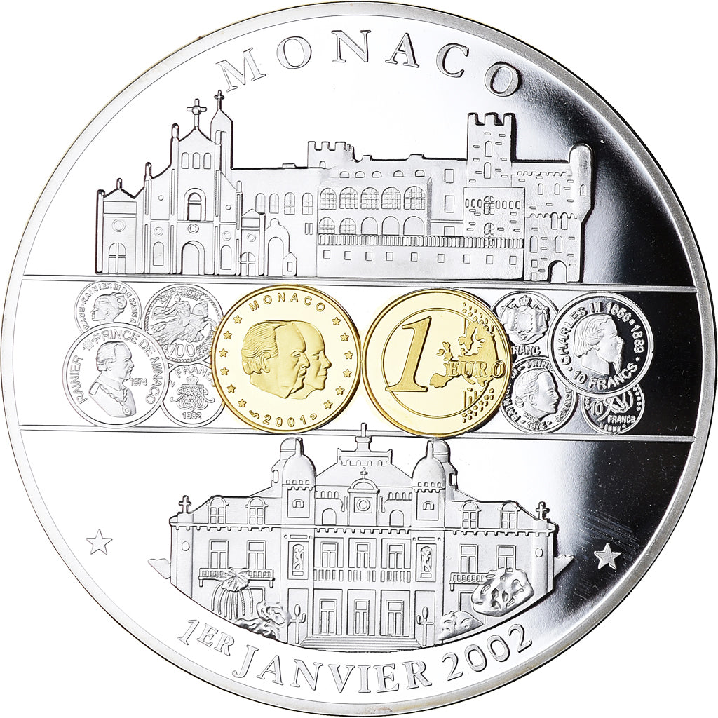 Monaco, Medal, Adoption de l'Euro, Politics, 2002, MS(65-70), Silver Plated