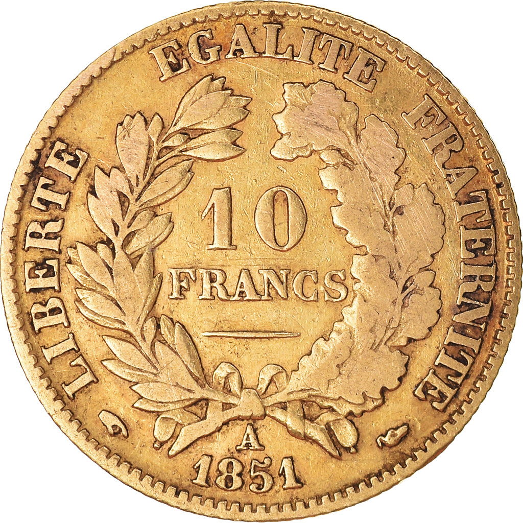 Moneta, Francia, Cérès, 10 Francs, 1851, Paris, MB, Oro, KM:770, Gadoury:1012