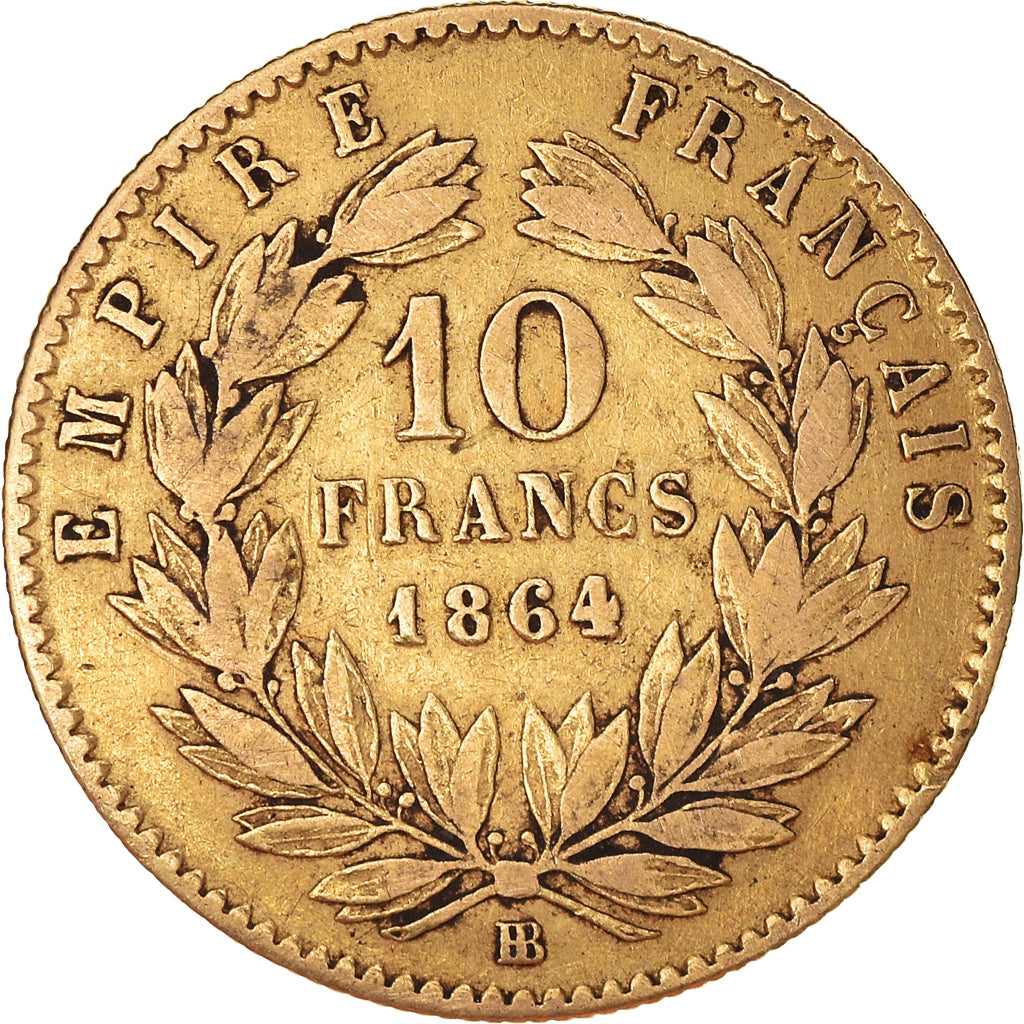 Moneta, Francia, Napoleon III, 10 Francs, 1864, Strasbourg, MB+, Oro, KM:800.2