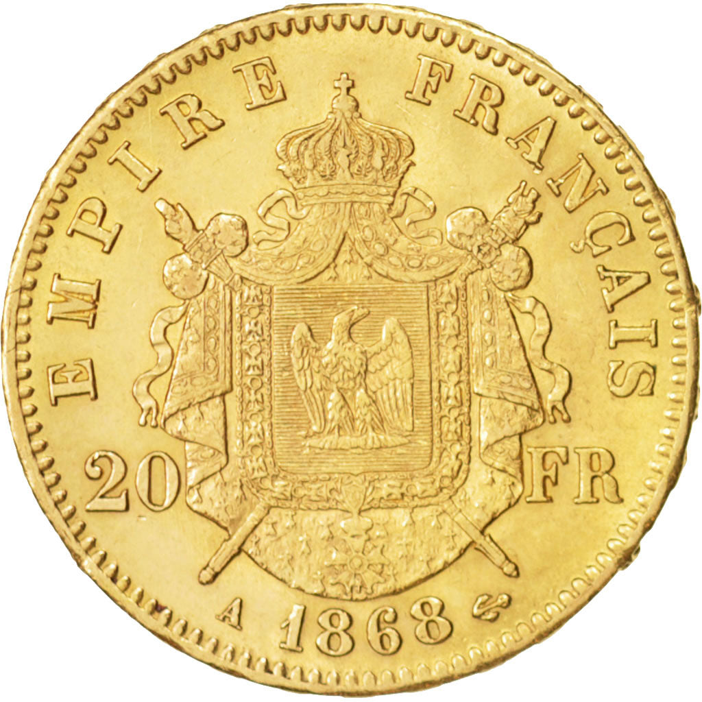 France, Napoleon III, 20 Francs, 1868, Paris, AU(50-53), Gold, KM 801.1