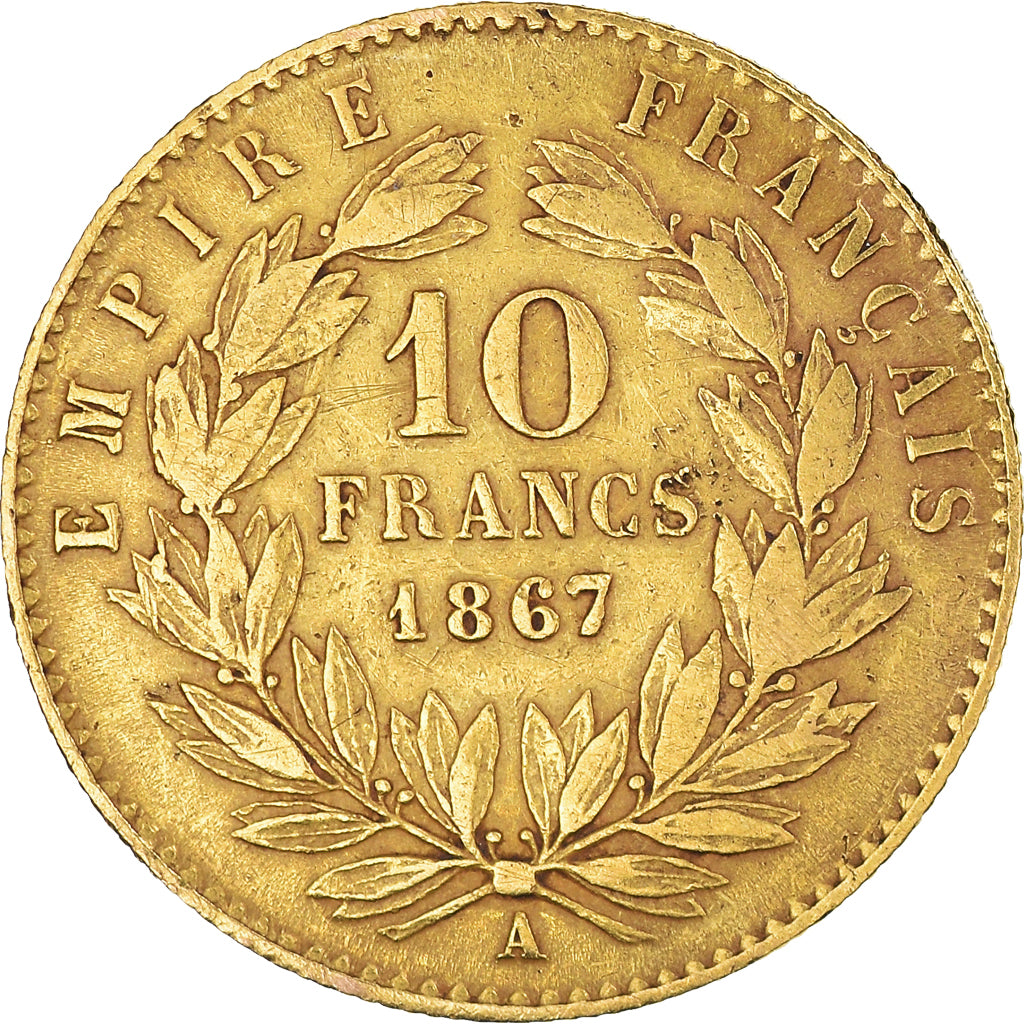 Moneda, Francia, Napoleon III, Napoléon III, 10 Francs, 1867, Paris, BC+, Oro