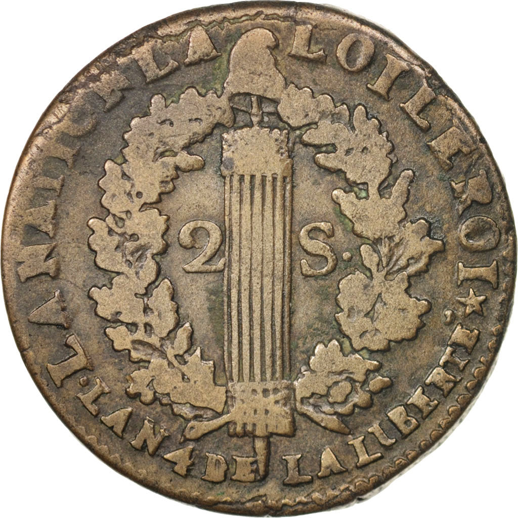 France, 2 sols françois, 2 Sols, 1792, Orléans, B+, Bronze, KM:603.14,Gadoury25