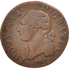 France, Louis XVI, Sol ou sou, Sol, 1791, Lyon, F(12-15), Copper, KM:578.5