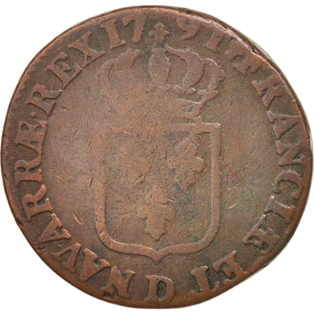 France, Louis XVI, Sol ou sou, Sol, 1791, Lyon, F(12-15), Copper, KM:578.5