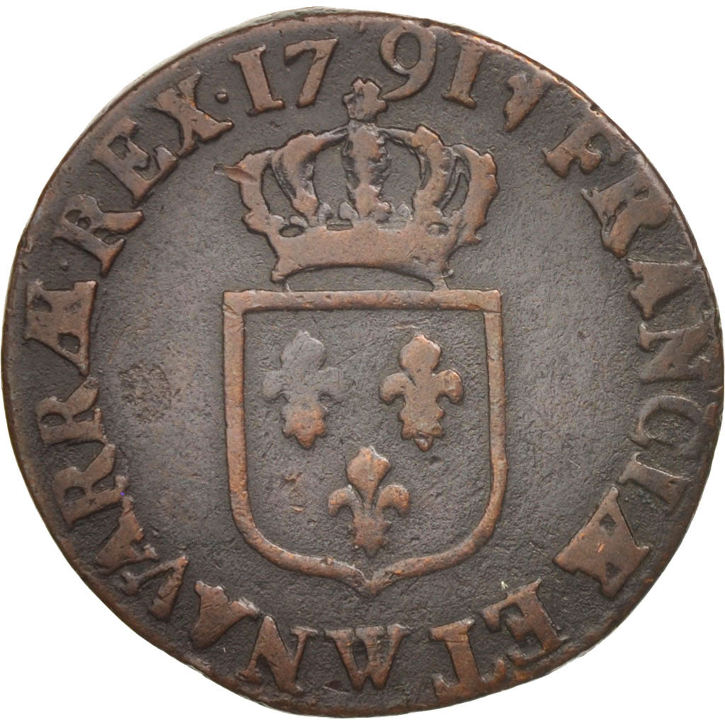 France, Louis XVI, 1/2 Sol ou 1/2 sou, 1/2 Sol, 1791, Lille,TB,Cuivre,Gadoury349