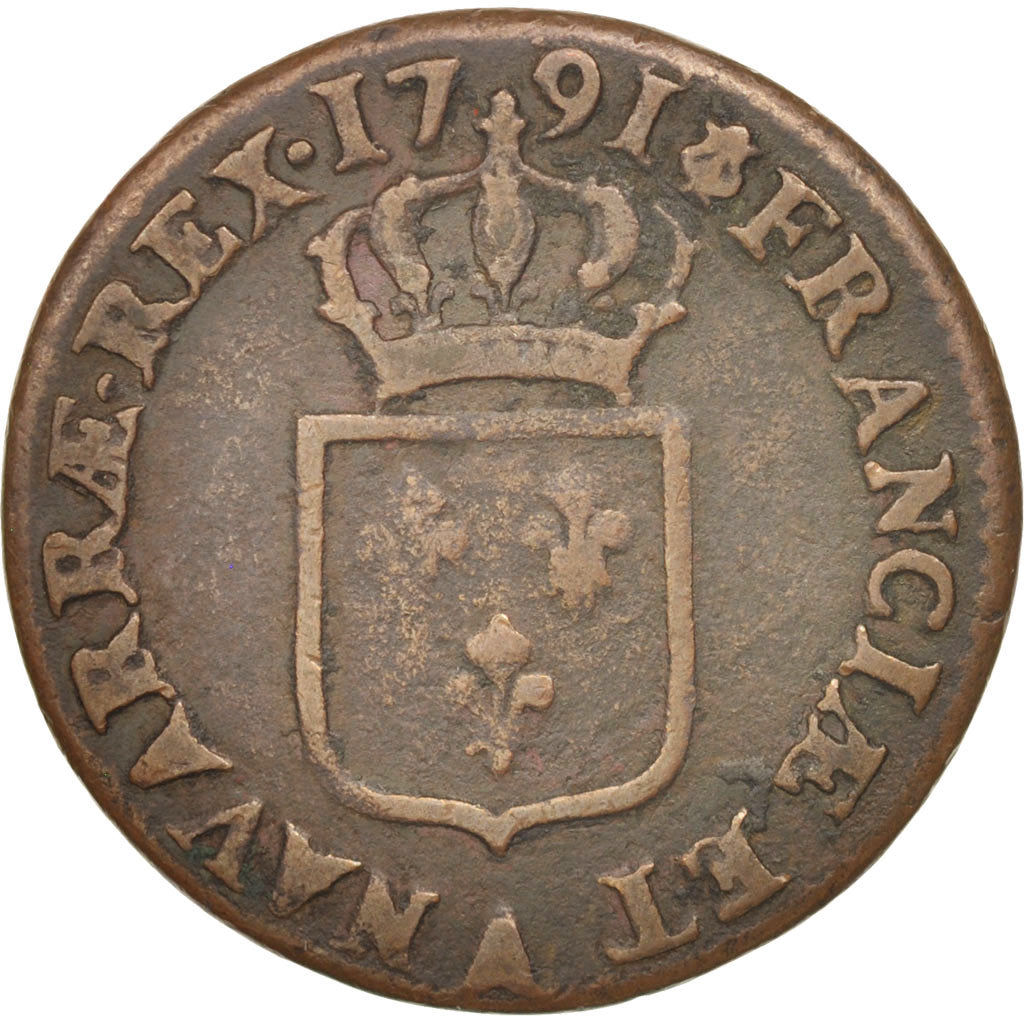 France, Louis XVI, Sol ou sou, Sol, 1791, Paris, VF(20-25), Copper, KM:578.1
