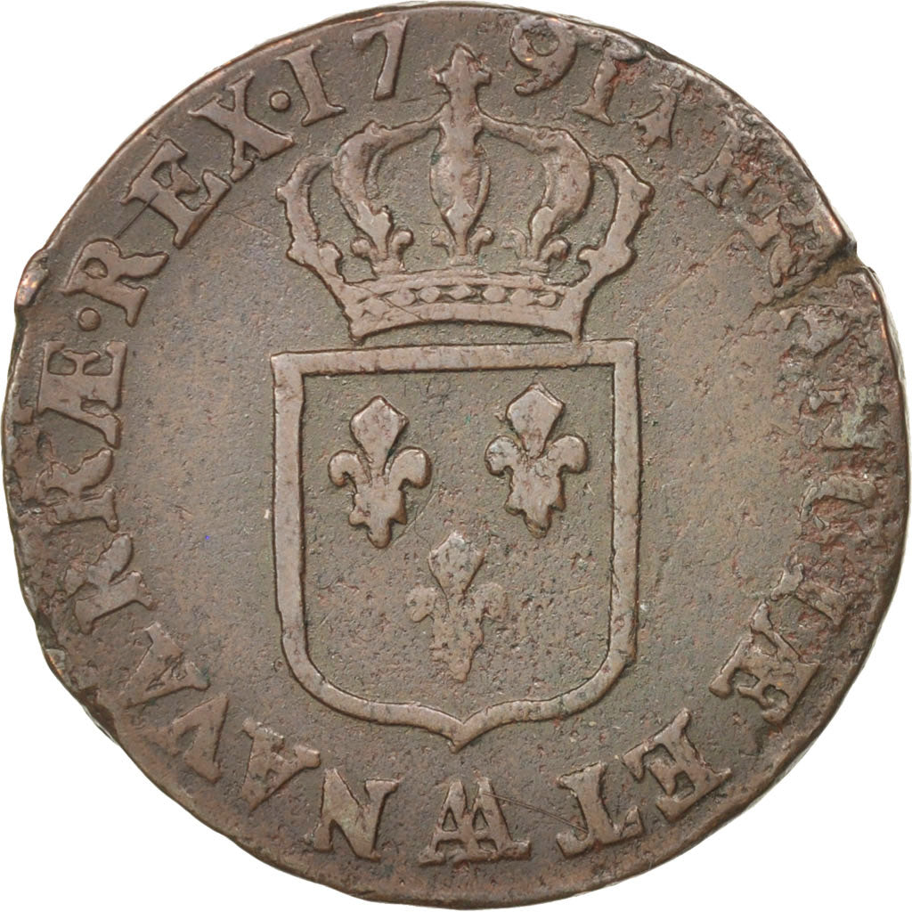 Frankreich, Louis XVI, Sol ou sou, Sol, 1791, Metz, S, Copper, KM:578.2