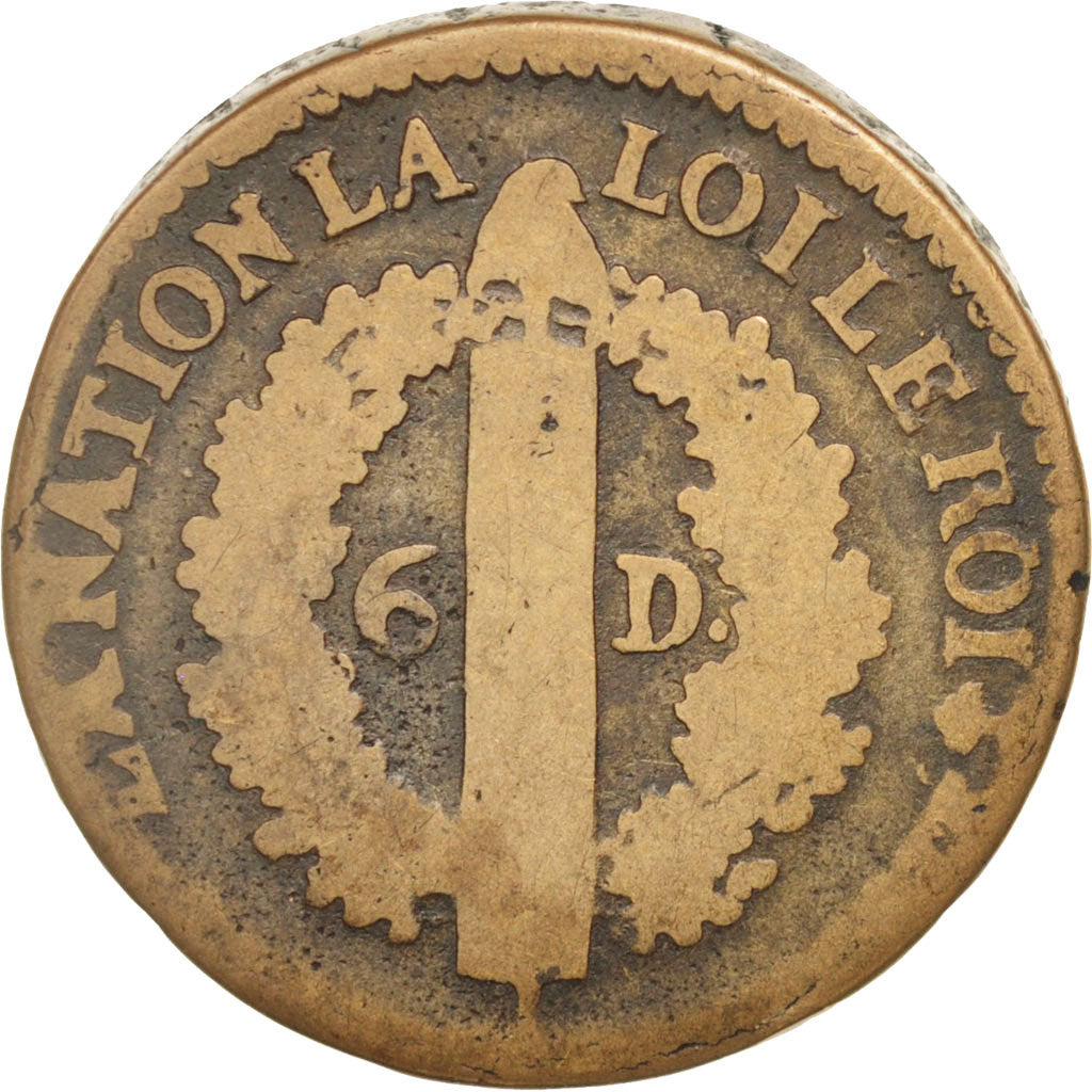 France, 6 deniers françois, 6 Deniers, 1793, Nantes, B, Bronze, Gadoury 8