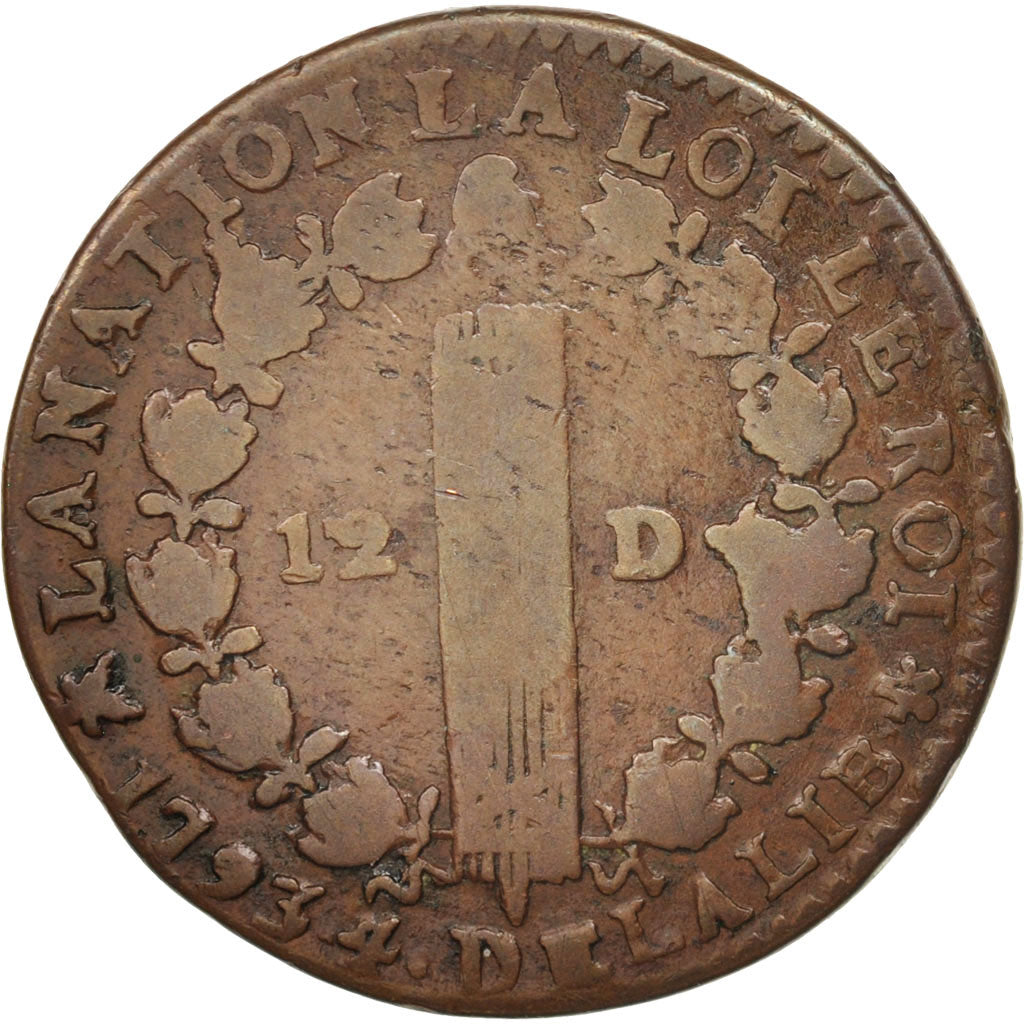 France, 12 deniers françois, 12 Deniers, 1793, Bayonne, F(12-15), Bronze,KM600.9