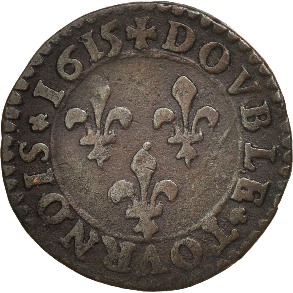 France, Louis XIII, Double tournois, buste enfantin, 1615, Lyon, KM 43.2