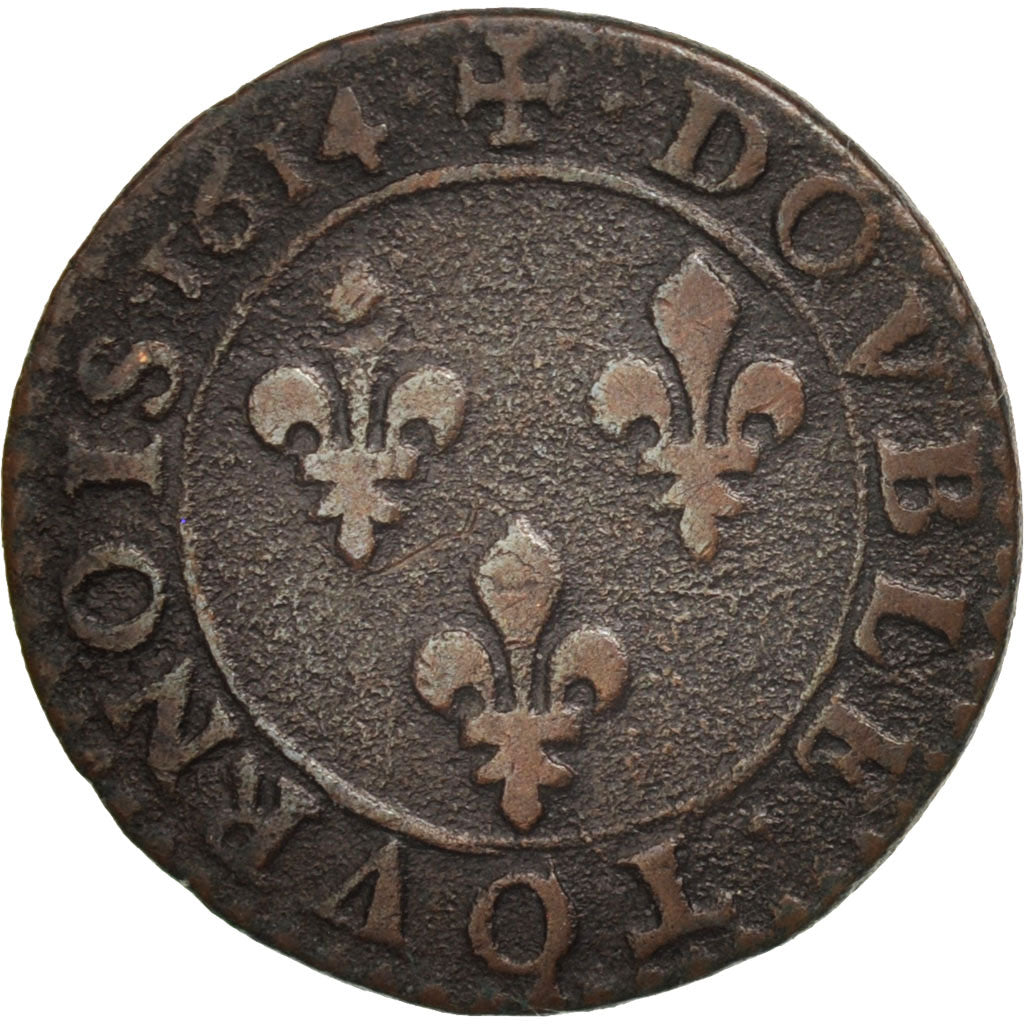 France, Louis XIII, Double tournois, buste laurée et cuirassé, 1614, Amiens,KM60