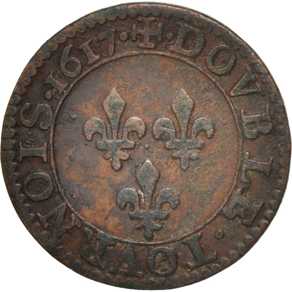 Frankreich, Louis XIII, Double tournois, buste enfantin, 1617, Paris, KM 43.1
